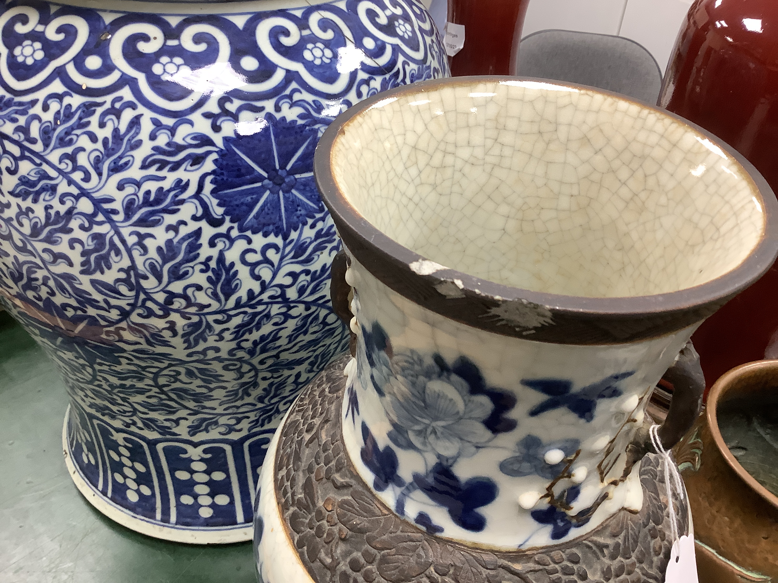 A pair of large Chinese blue and white crackle-glaze ‘dragon’ vases, early 20th century
